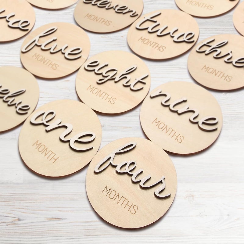 ITDYB Baby Monthly Milestone Marker Discs - Wooden 3D Double-Sided Baby Announcement Sign, Gender Neutral Announcement Cards for Newborn Boys and Girls 1-12 Months Photography Props - Image 3
